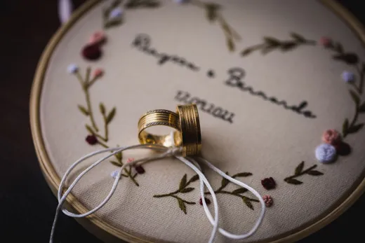 Close up of wedding rings placed on beautifu - Wedding Fashion & Jewellery